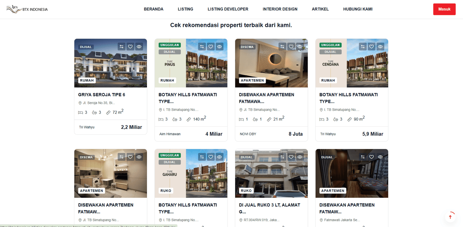Contoh portfolio website untuk BTX Indonesia – Solusi Pintar untuk Listing Properti